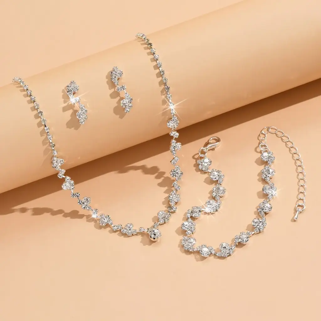 Sparkling Designer Necklace Set - Irregular Rhinestone Cluster Necklace, Bracelet, and Earrings for Women