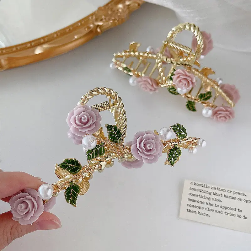 Floral Print Large Metal Hair Claw – Statement Clip for Women & Girls