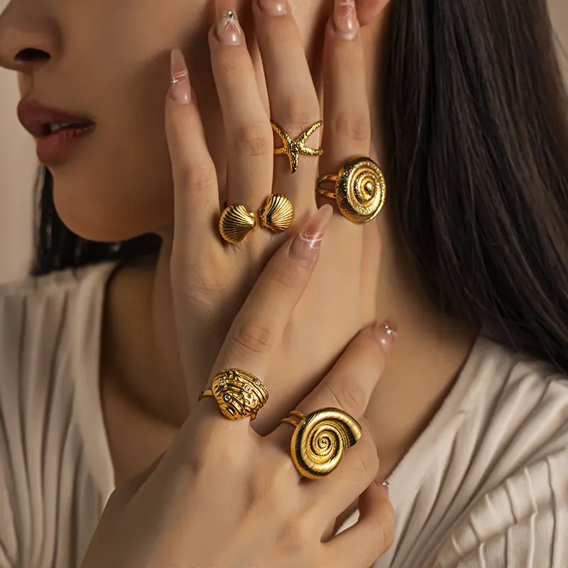 18K Gold-Plated Shell Conch Open Ring – Waterproof Stainless Steel Ocean-Inspired Jewelry for Women