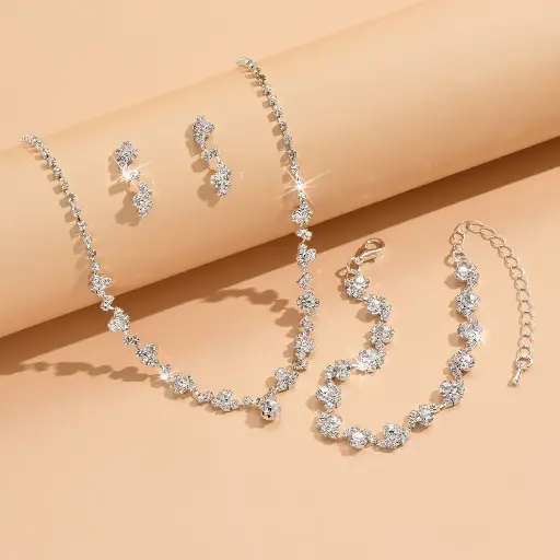 Sparkling Designer Necklace Set - Irregular Rhinestone Cluster Necklace, Bracelet, and Earrings for Women