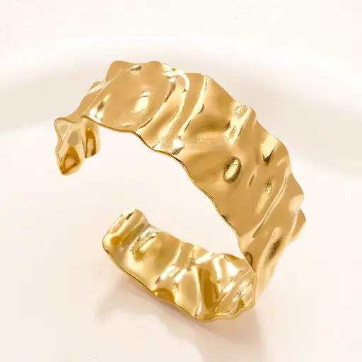 18K Gold Chunky Hammered Open Bracelet – Textured Stainless Steel Cuff for Women