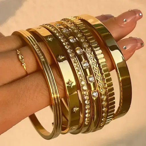 18K Gold Plated Star CZ Open Cuff Bangle – Waterproof Stainless Steel Stacking Bracelet for Women