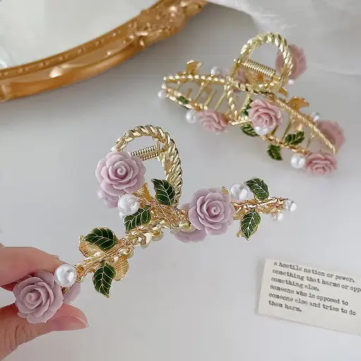 Floral Print Large Metal Hair Claw – Statement Clip for Women & Girls