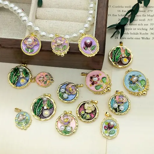18K Gold Handmade Gemstone Pendant – Enamel Rose, Real Pearl & Oil Painting-Inspired Design